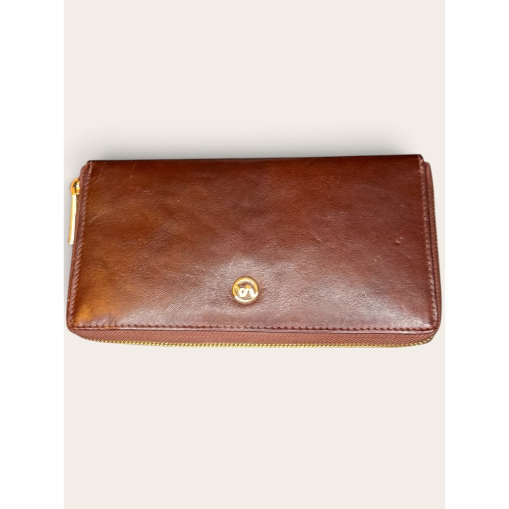 Valentina Brown Leather Zip Around Continental Wallet Gold Tone Hardware